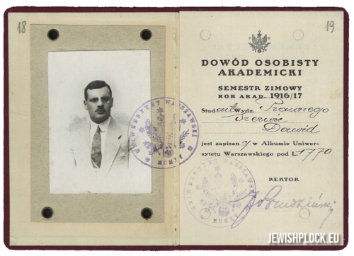 Dawid Szenwic's academic ID card (source: Archives of the University of Warsaw, reference number RP 1770)